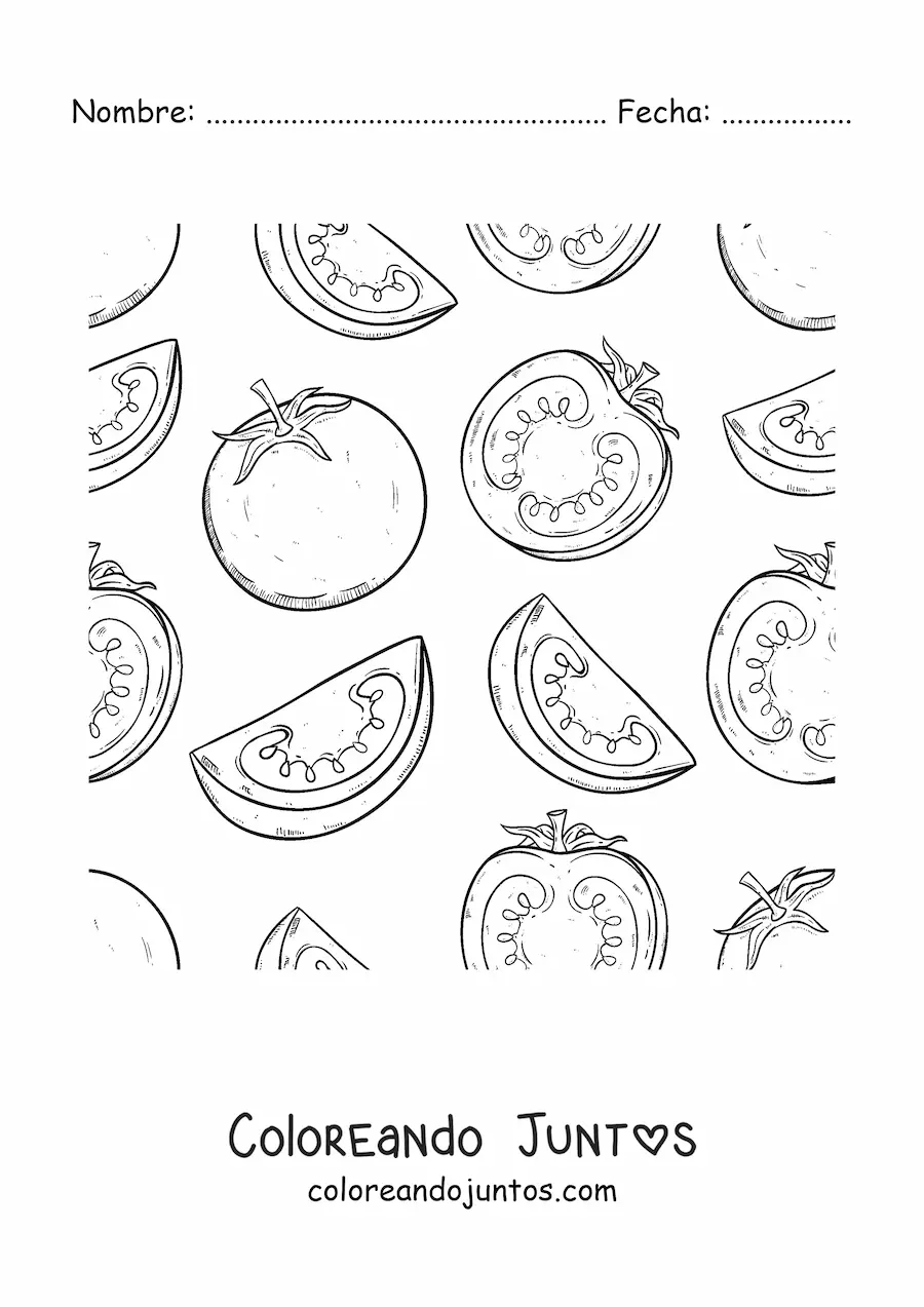 Imagen para colorear de varios tomates y trozos de tomate