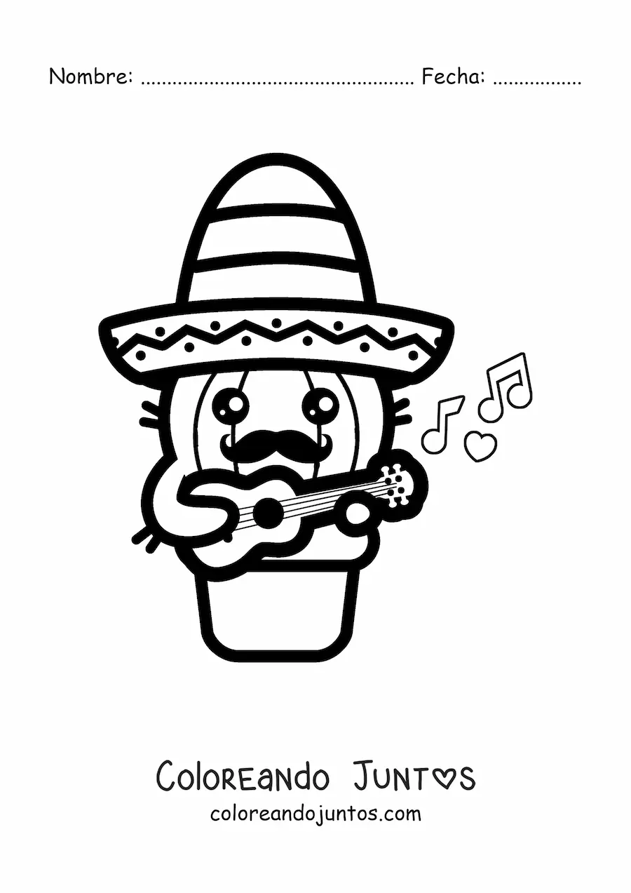 Imagen para colorear de un cactus kawaii con sombrero mexicano