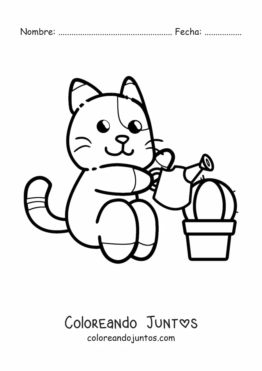 Imagen para colorear de un gato animado regando un cactus