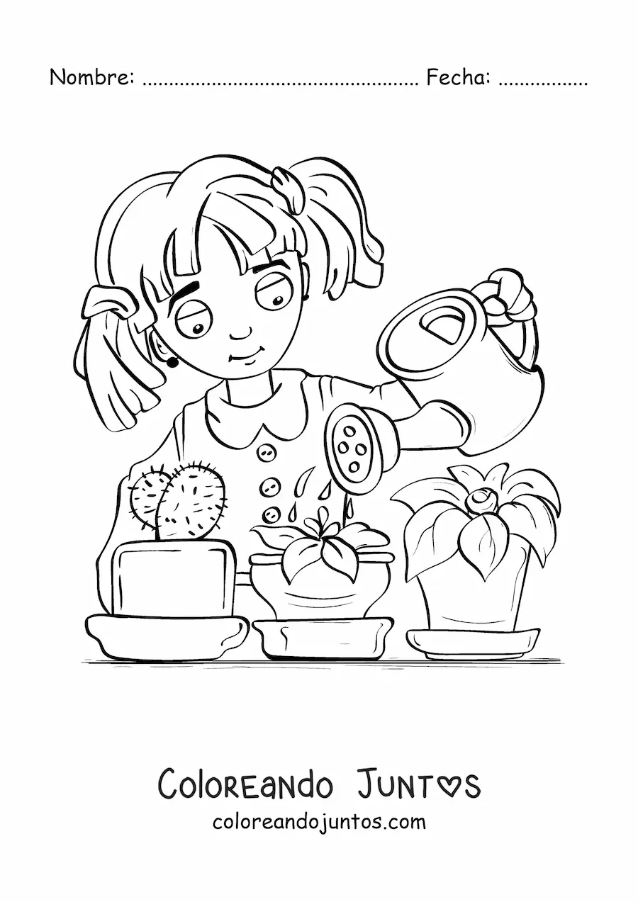 Imagen para colorear de una niña regando un cactus