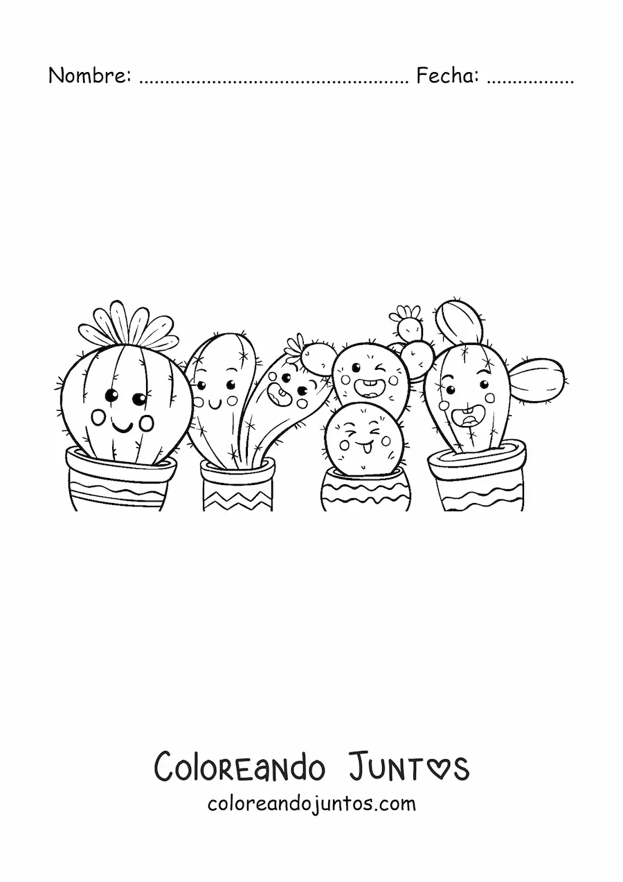 Imagen para colorear de cuatro cactus kawaii animados