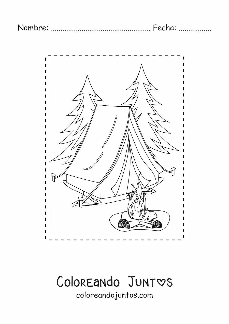 Imagen para colorear de una carpa y una hoguera en un bosque de pinos