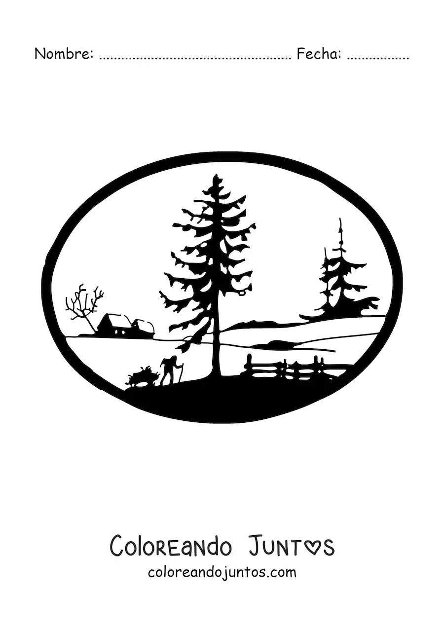 Imagen para colorear de un paisaje con pinos