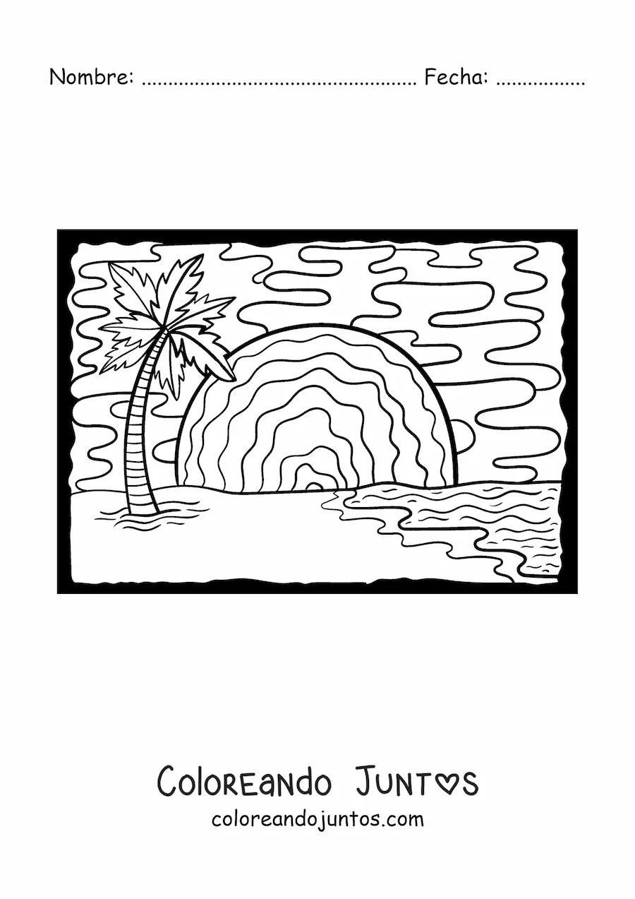 Imagen para colorear de un atardecer en la playa con una palmera