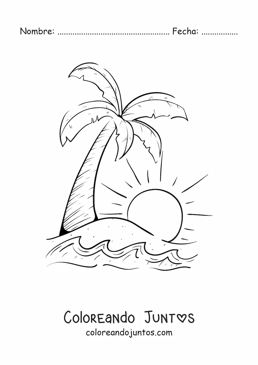 Imagen para colorear de una palmera y el sol en la playa