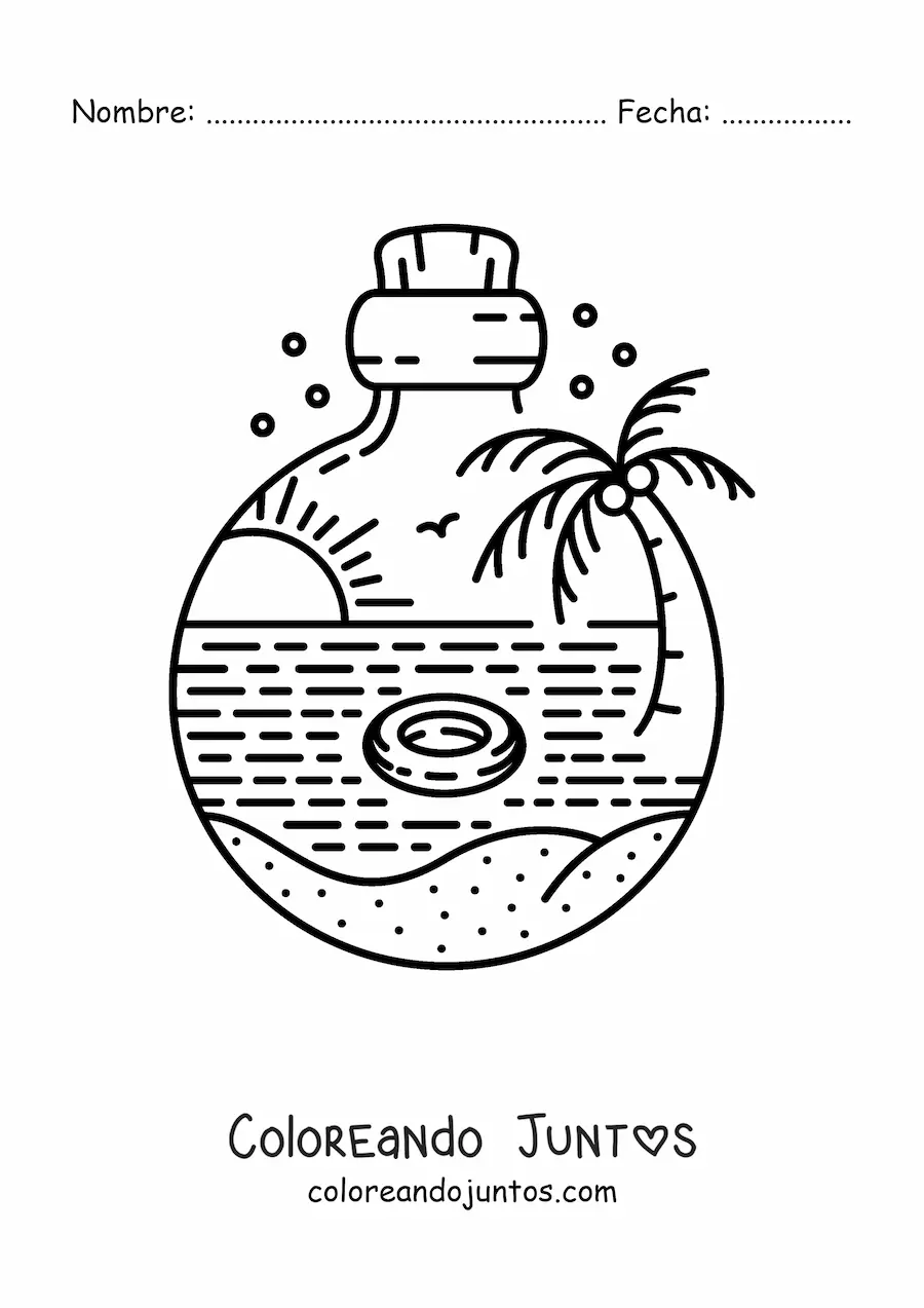 Imagen para colorear de una botella con un paisaje de mar con una palmera