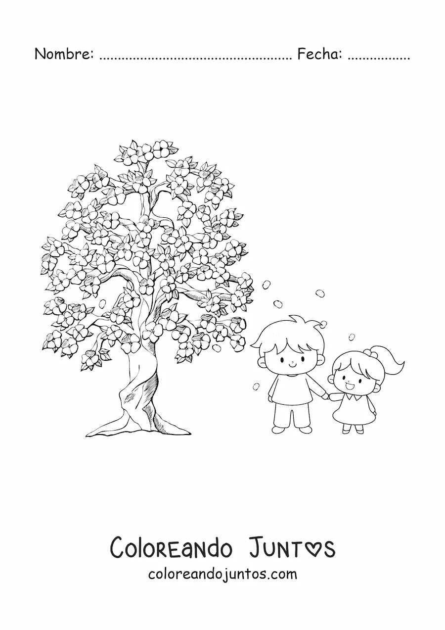Imagen para colorear de dos niños y un árbol de cerezo