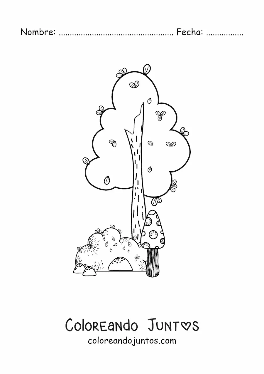 Imagen para colorear de un árbol junto a un arbusto