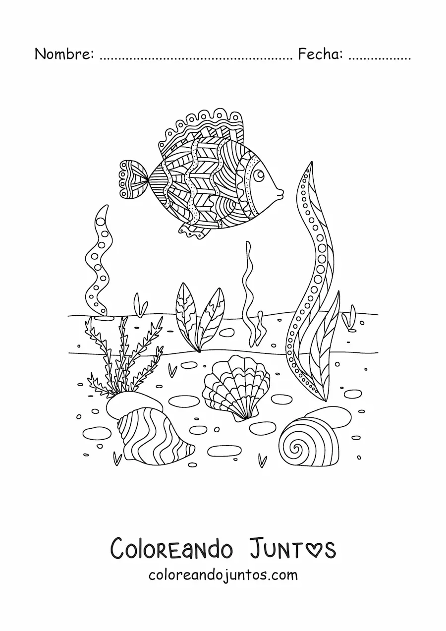 Imagen para colorear del fondo marino con algas y un pez