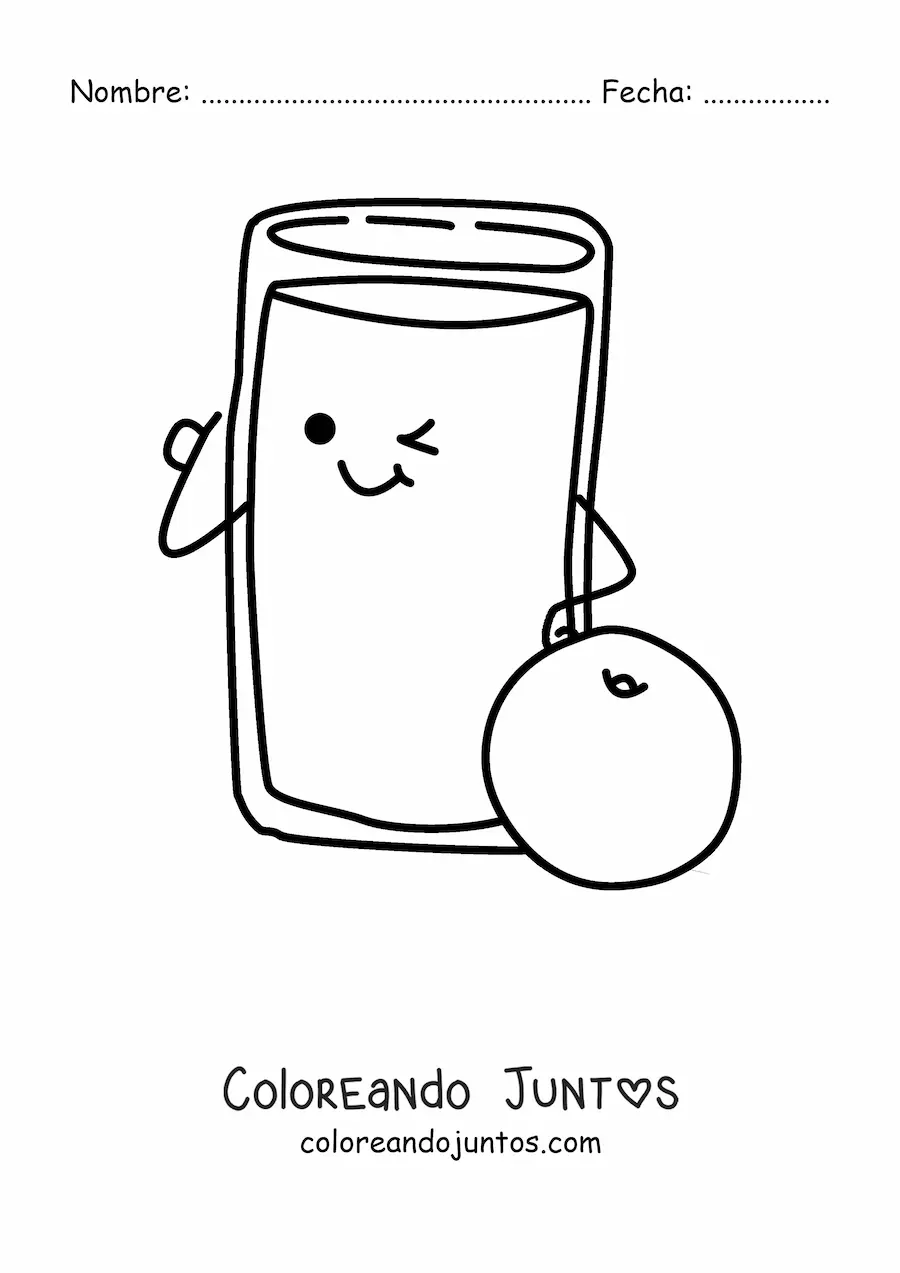 Imagen para colorear de un vaso kawaii animado con jugo de naranja