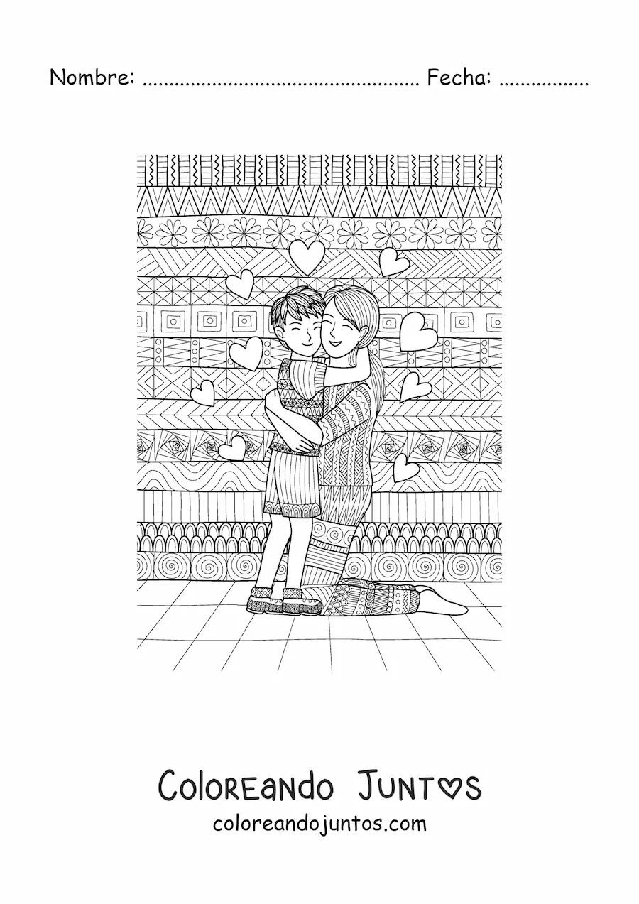Imagen para colorear de un niño abrazando a su madre