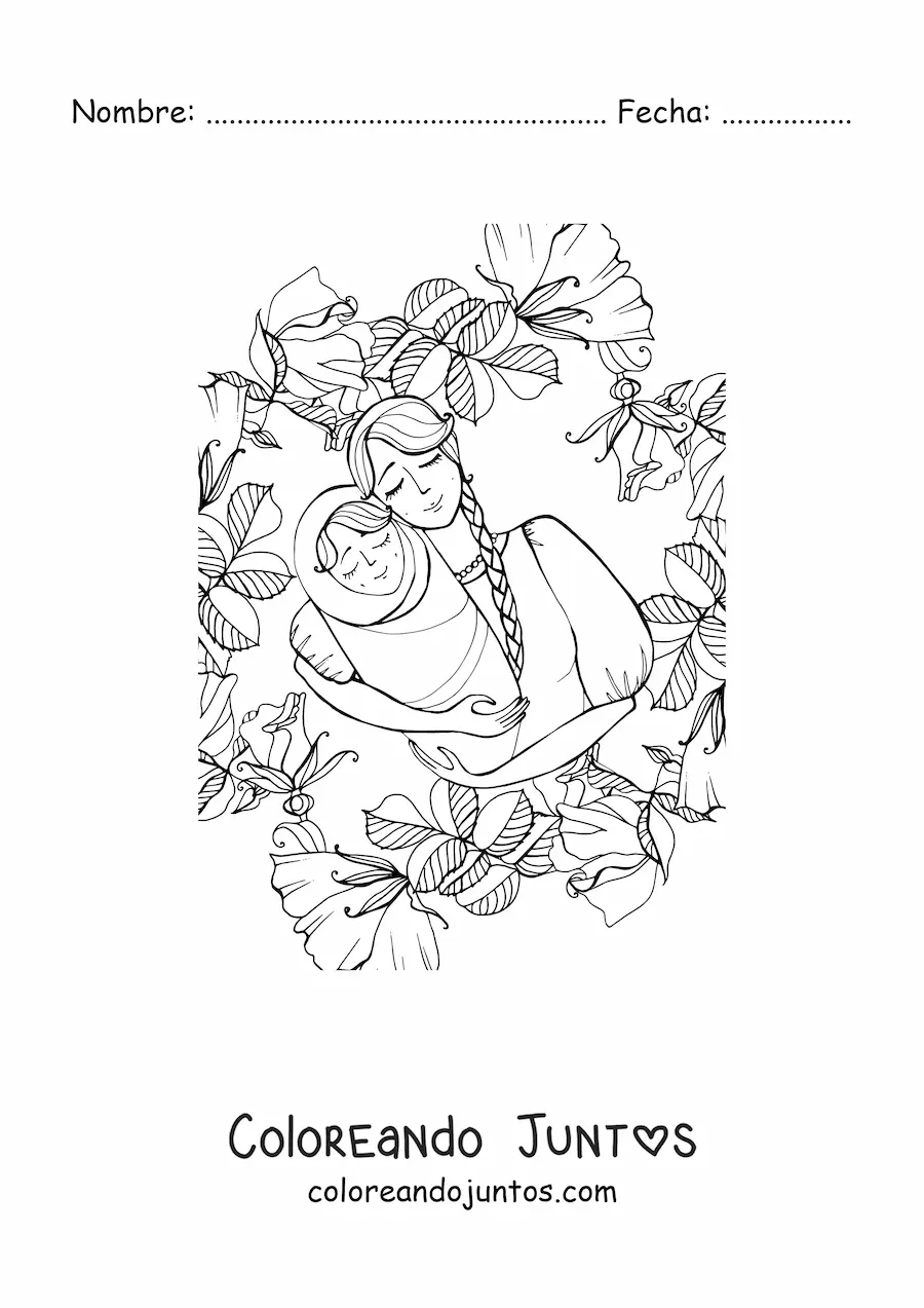 Imagen para colorear de una mamá con su bebé rodeada de flores