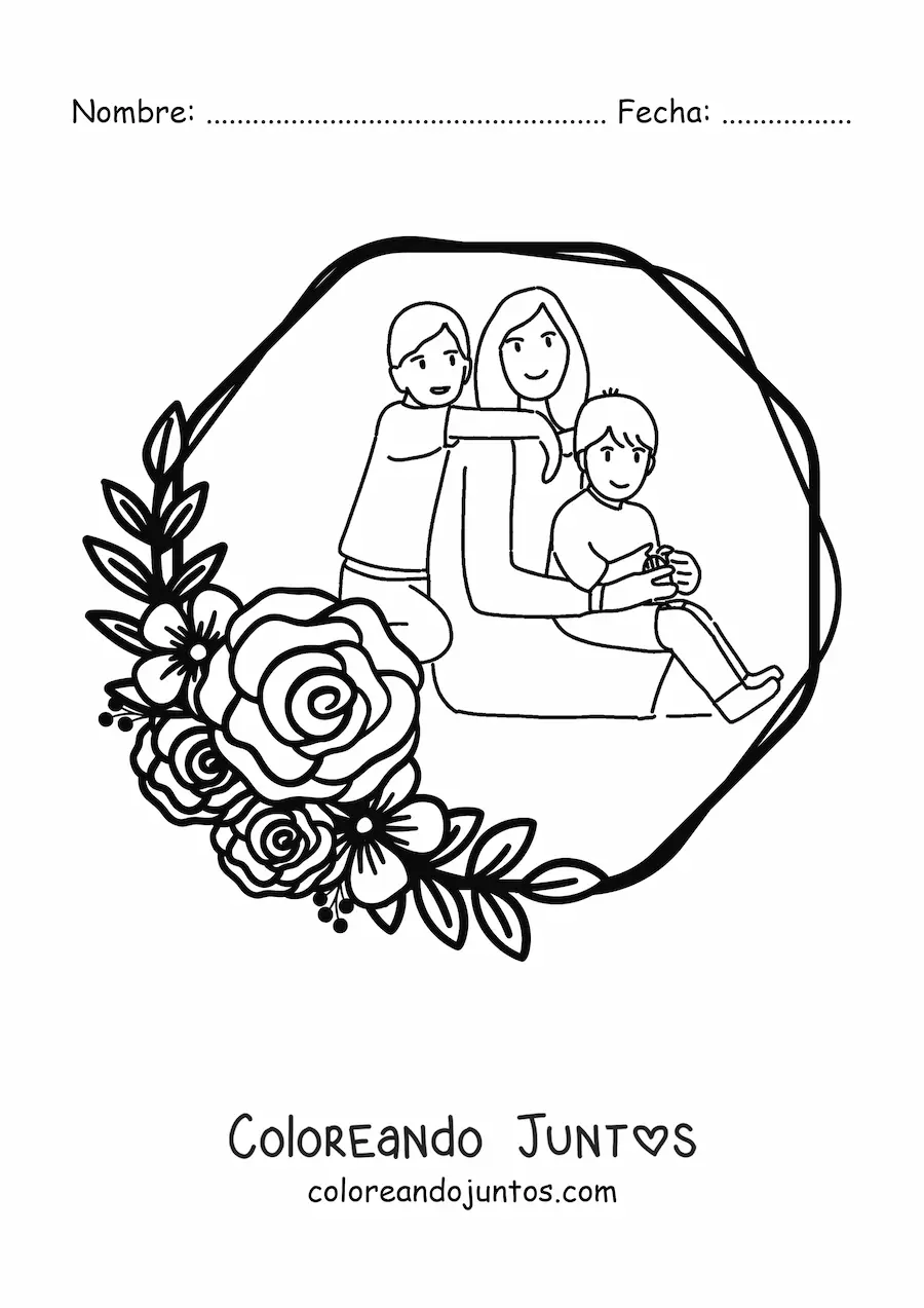 Imagen para colorear de una mamá con sus dos hijos