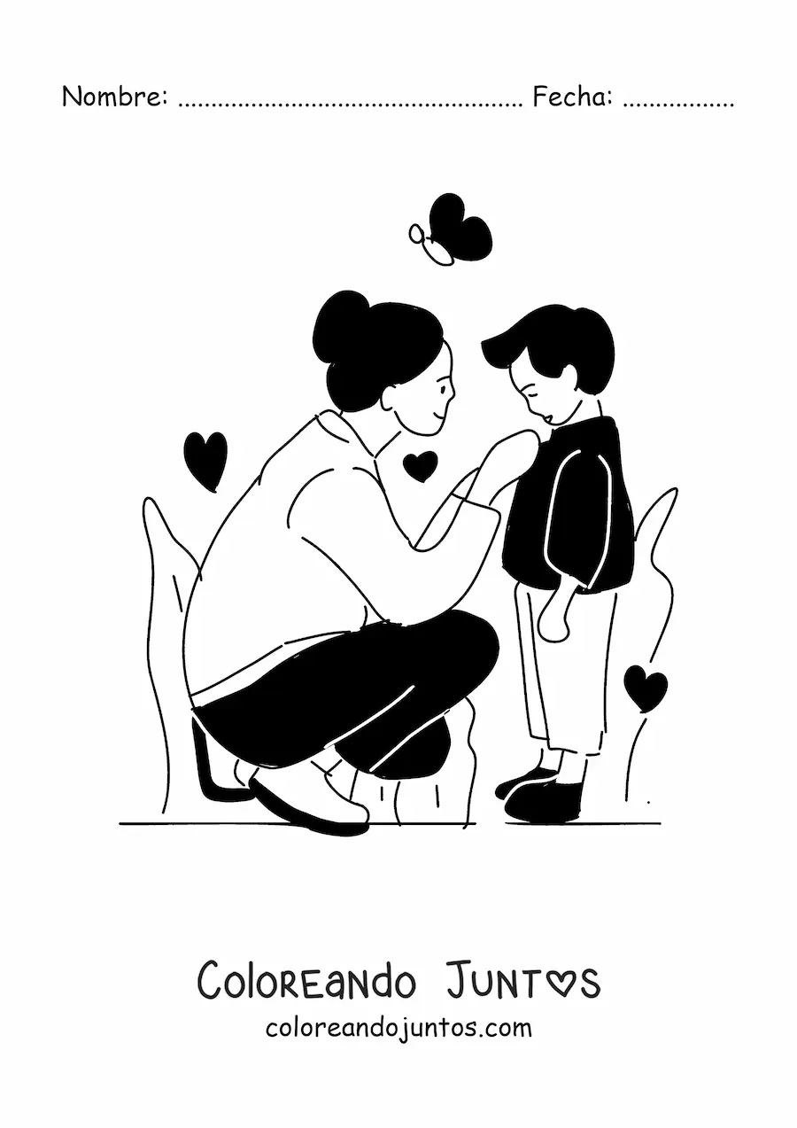 Imagen para colorear de una mamá vistiendo a su hijo
