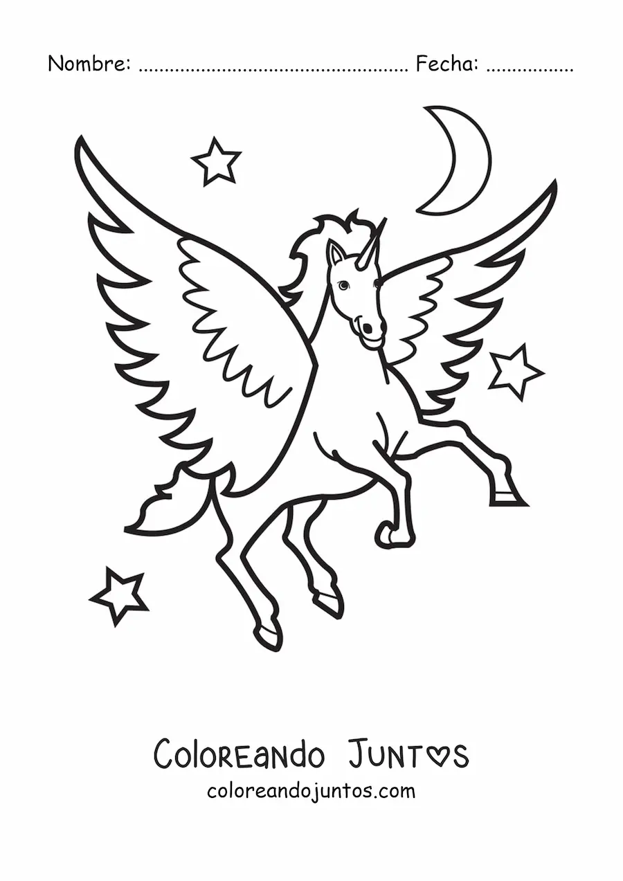 Imagen para colorear de unicornio con alas animado volando en la noche con estrellas de fondo