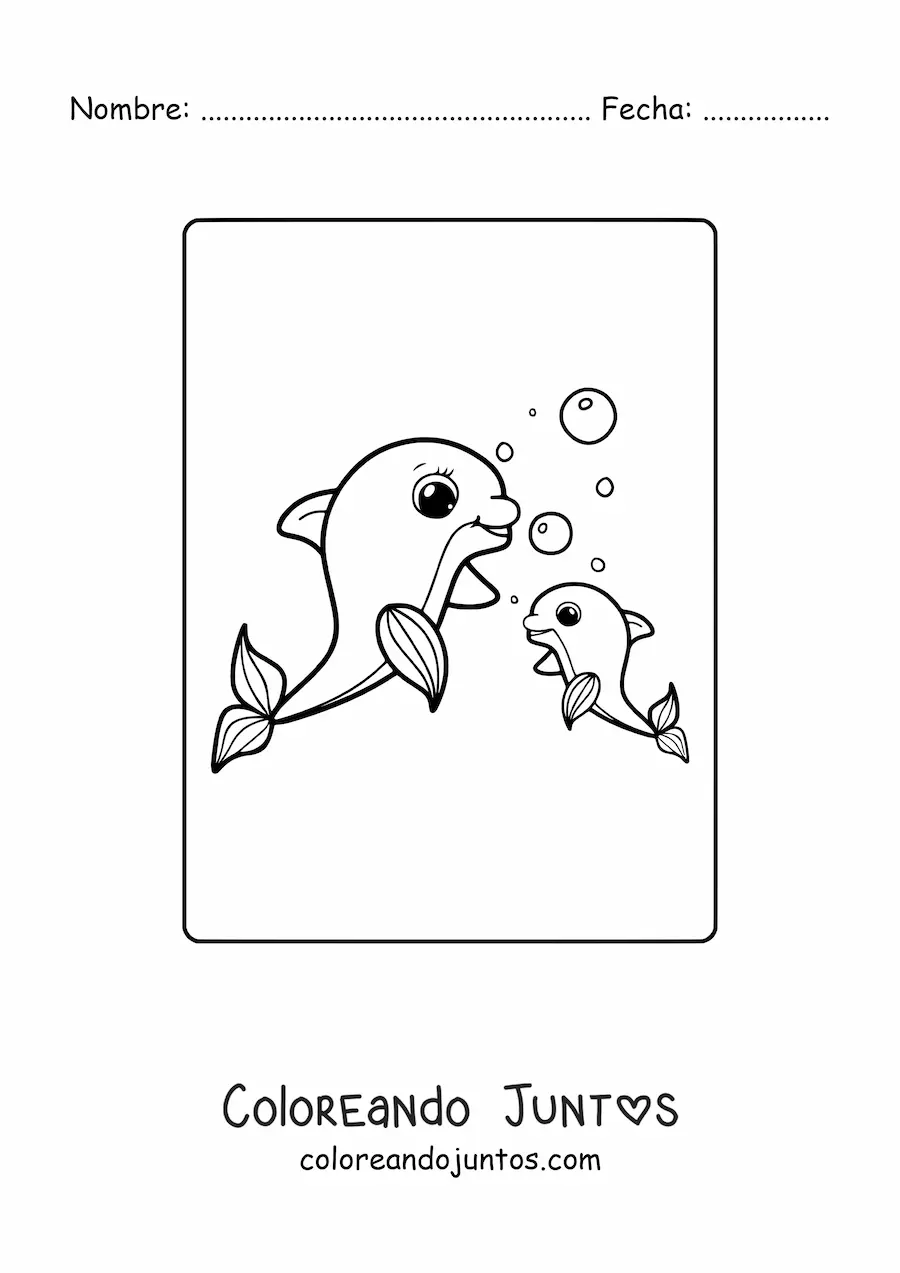Imagen para colorear de una mamá delfín con su cría