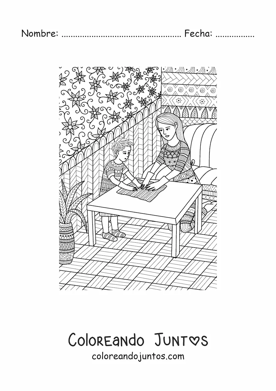 Imagen para colorear de una mamá limpiando con su hijo