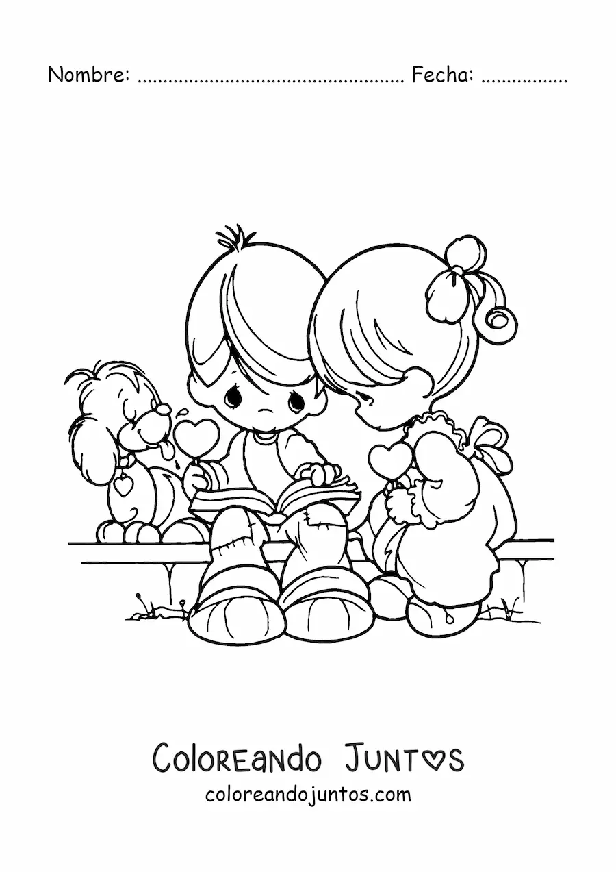Imagen para colorear de una pareja de niños en San Valentín