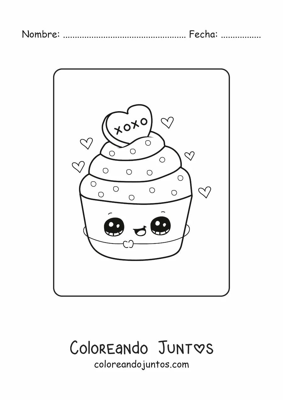 Imagen para colorear de un cupcake kawaii de San Valentín