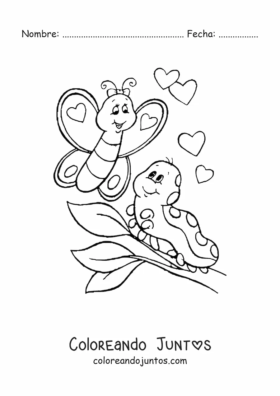 Imagen para colorear de una oruga y una mariposa enamoradas