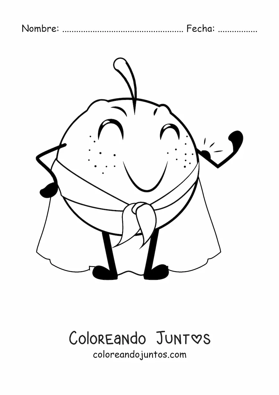 Imagen para colorear de una naranja animada vestida con capa de superhéroe