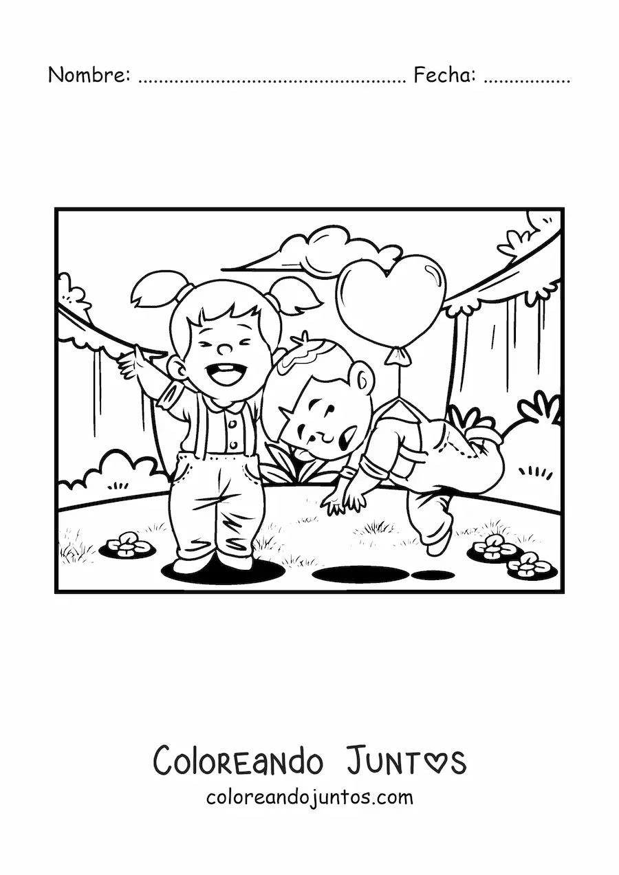 Imagen para colorear de una pareja de niños en una cita divertida de San Valentín