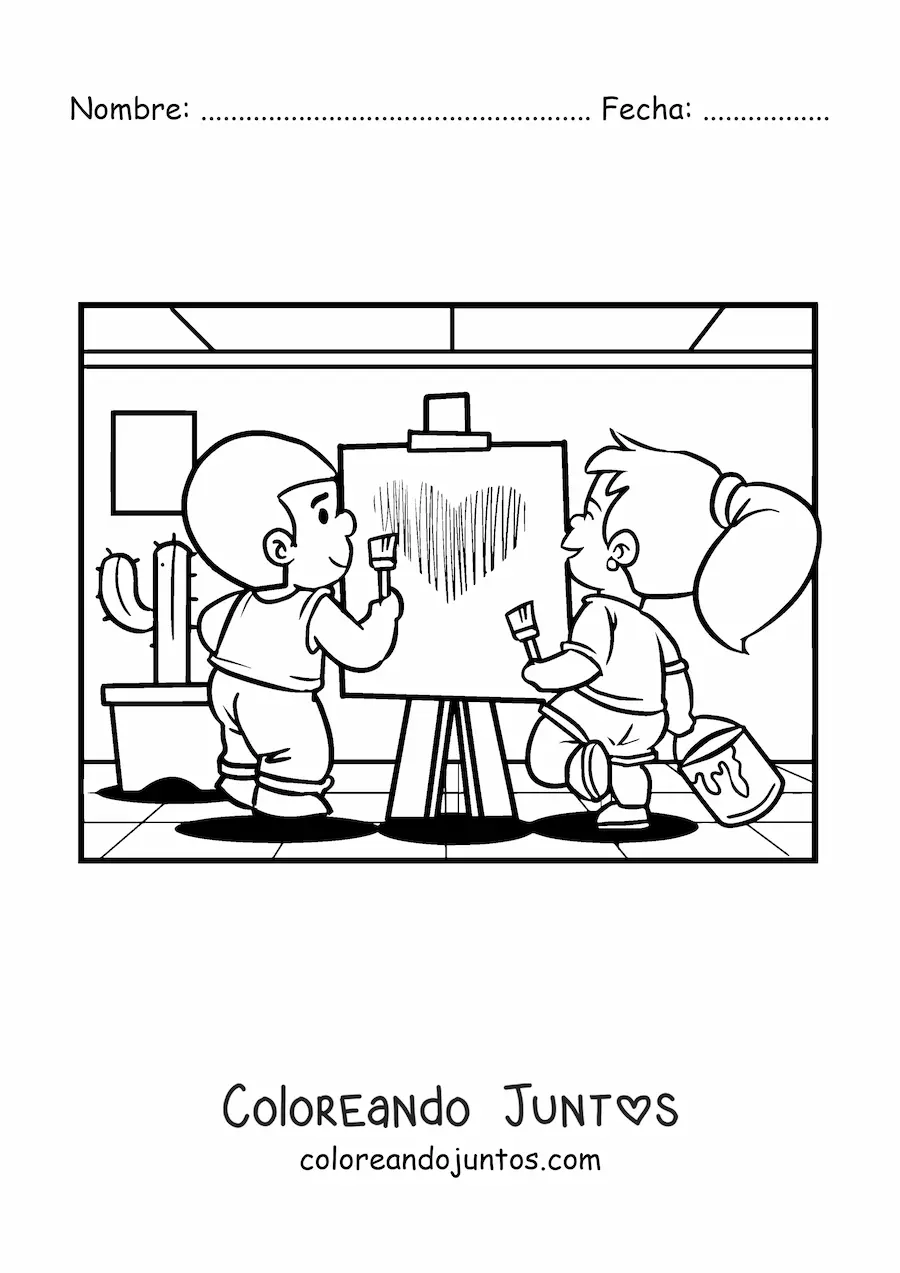 Imagen para colorear de una pareja de niños pintando en San Valentín
