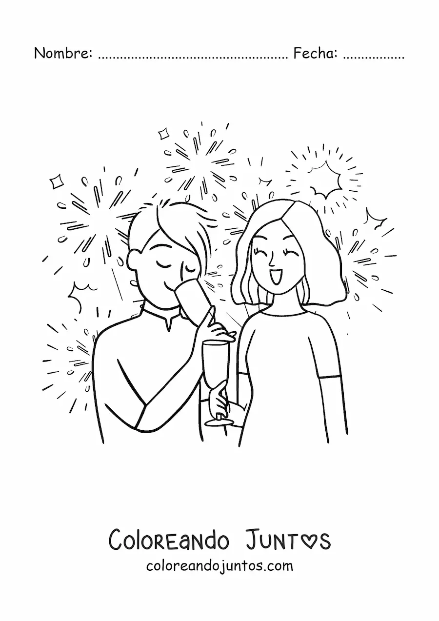 Imagen para colorear de un hombre y una mujer brindando en Año Nuevo con fuegos artificiales de fondo