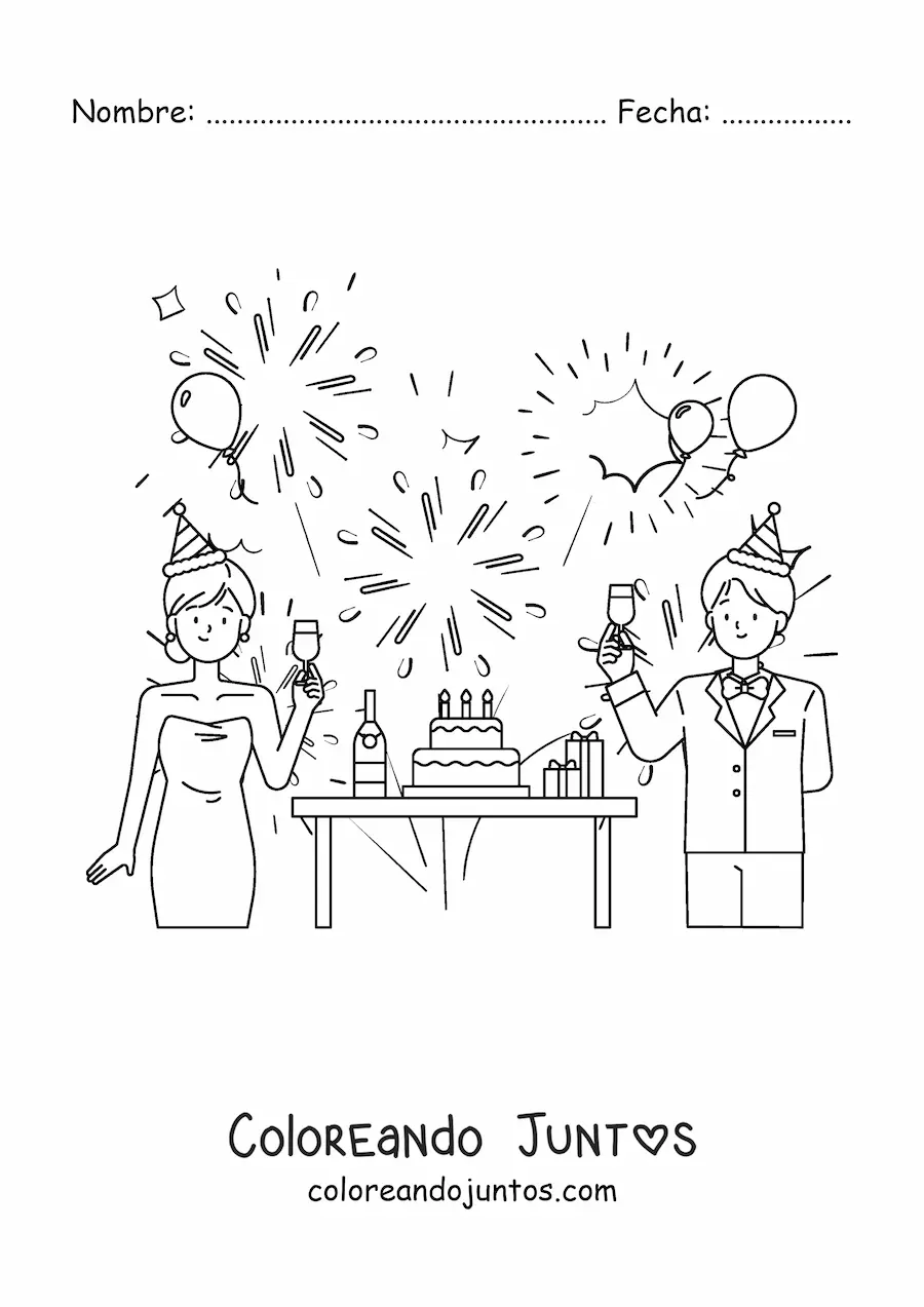 Imagen para colorear de un hombre y una mujer brindando en Año Nuevo con un pastel