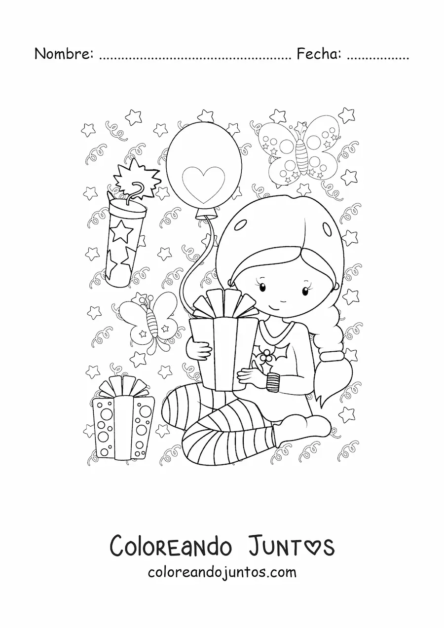 Imagen para colorear de una niña con un regalo de Año Nuevo