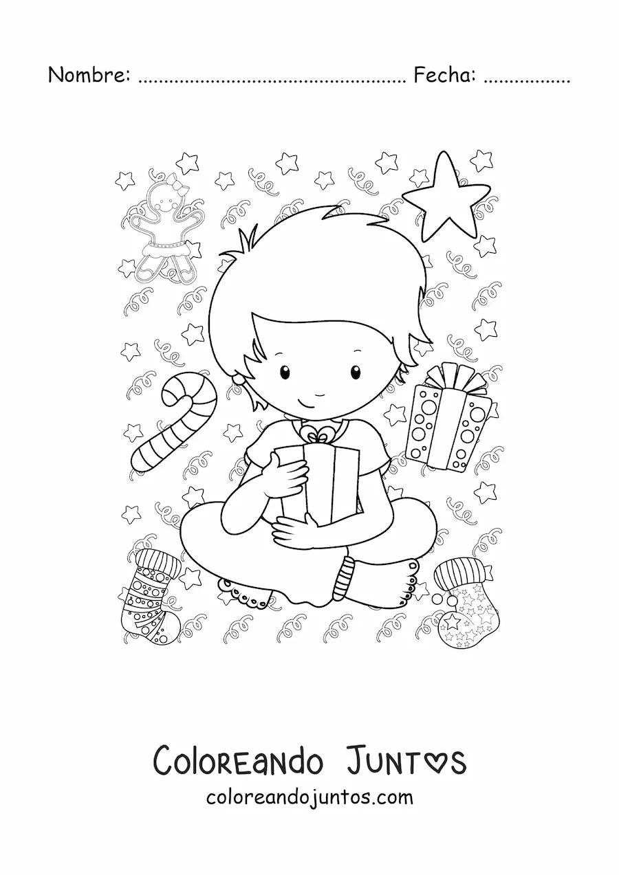 Imagen para colorear de un niño con un regalo de Año Nuevo