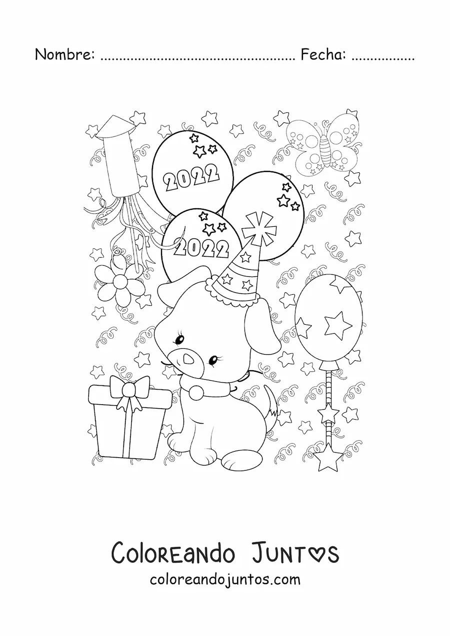Imagen para colorear de un perro animado con globos de Año Nuevo