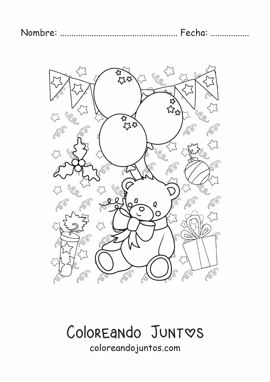 Imagen para colorear de un oso animado con globos de Año Nuevo