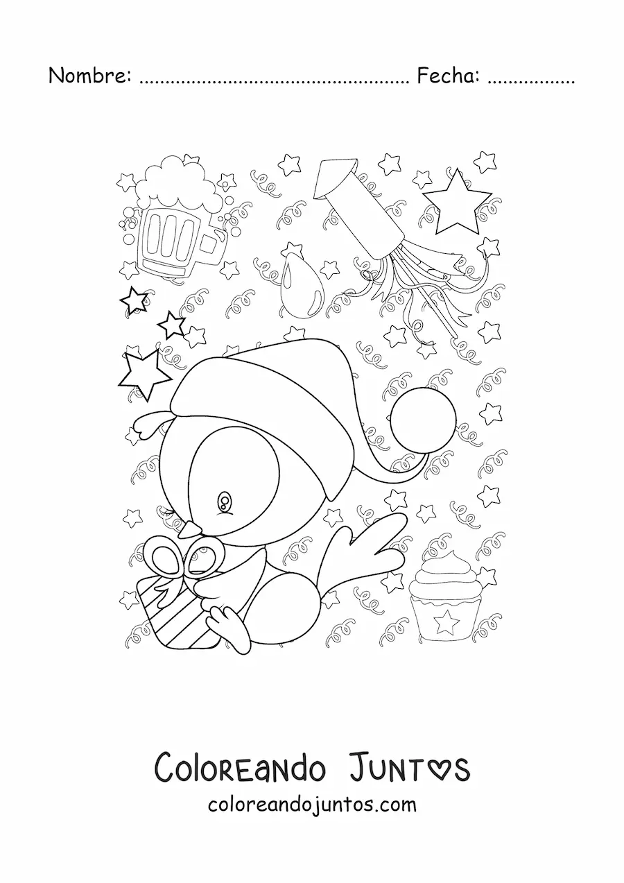 Imagen para colorear de un pingüino animado con regalo de Año Nuevo