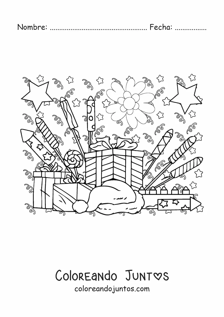 Imagen para colorear de varios regalos y fuegos artificiales de Año Nuevo