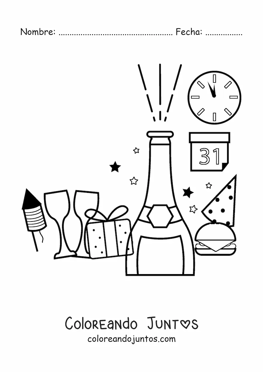 Imagen para colorear de un regalo y una botella y copas de Año Nuevo