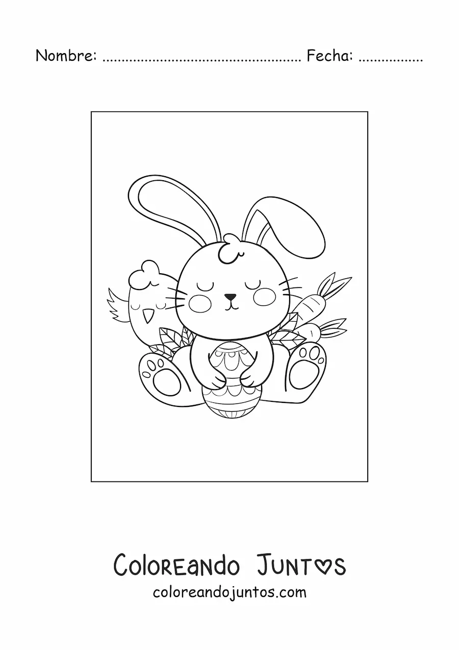 Imagen para colorear de un conejo kawaii con huevos de pascua y zanahorias