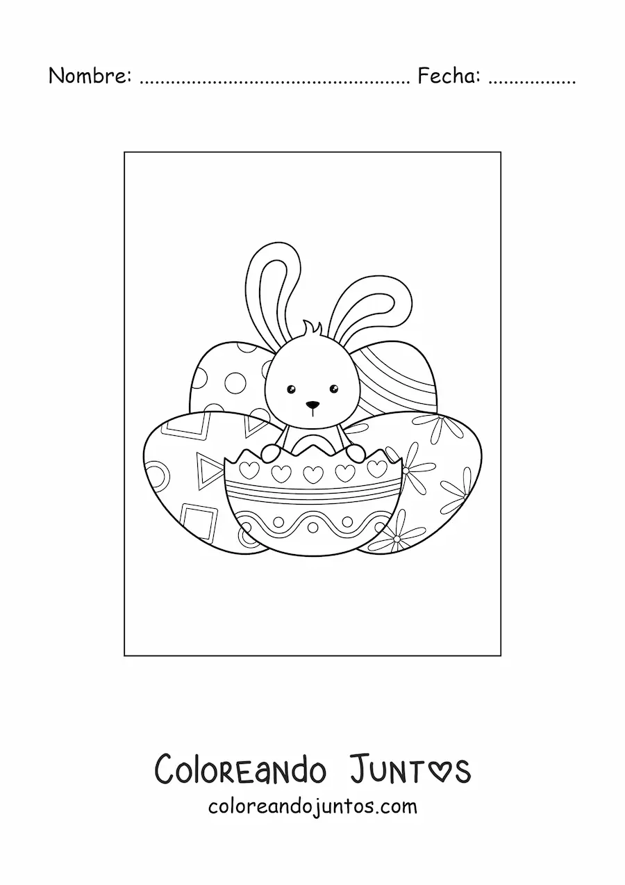 Imagen para colorear de un conejo kawaii entre varios huevos de pascua
