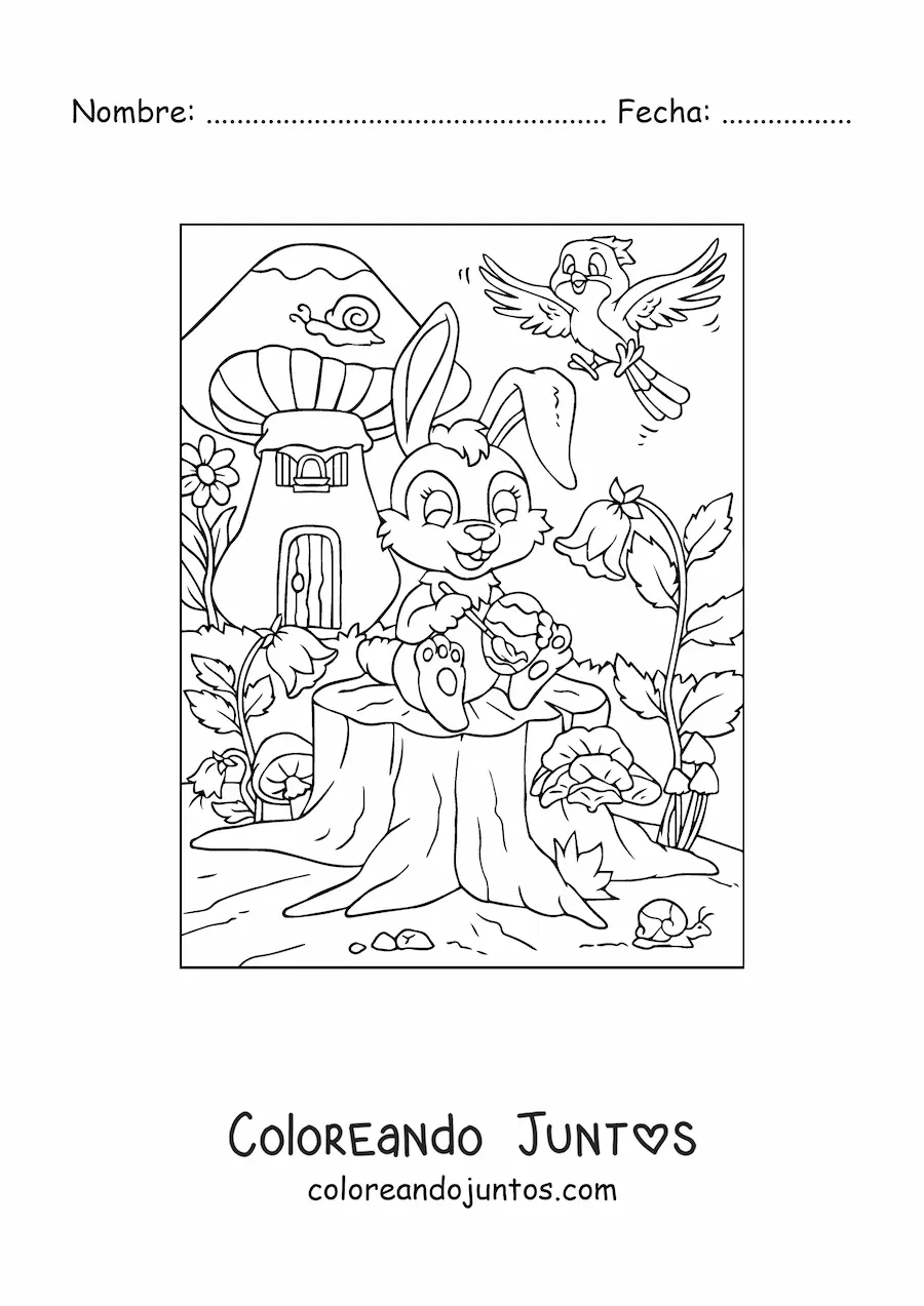 Imagen para colorear de un conejo animado pintando un huevo de pascua