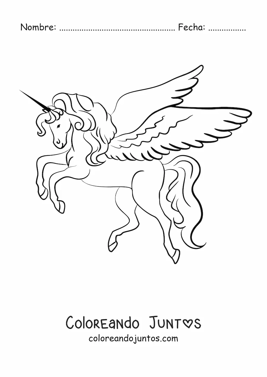 Imagen para colorear de un unicornio con alas en dos patas