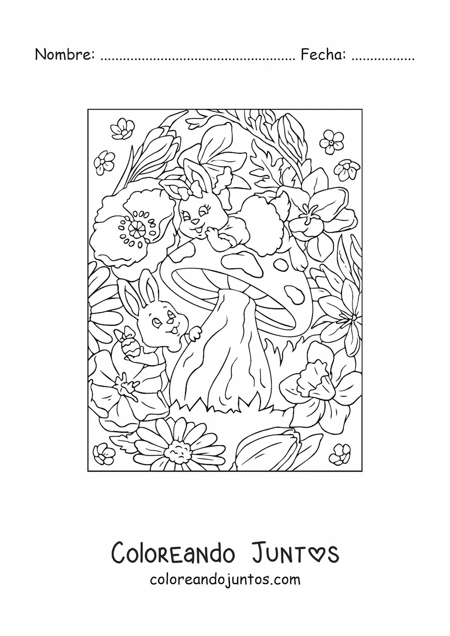 Imagen para colorear de dos conejos animados con huevos de pascua pequeños