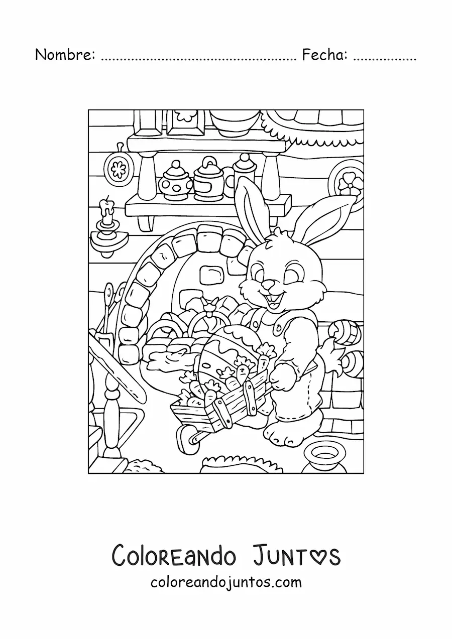 Imagen para colorear del conejo de pascua con una carretilla