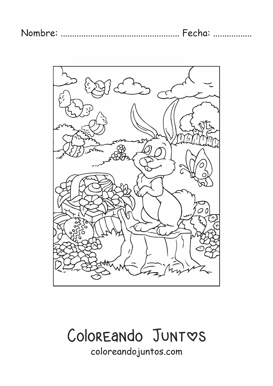 Imagen para colorear de un conejo con huevos de pascua animados