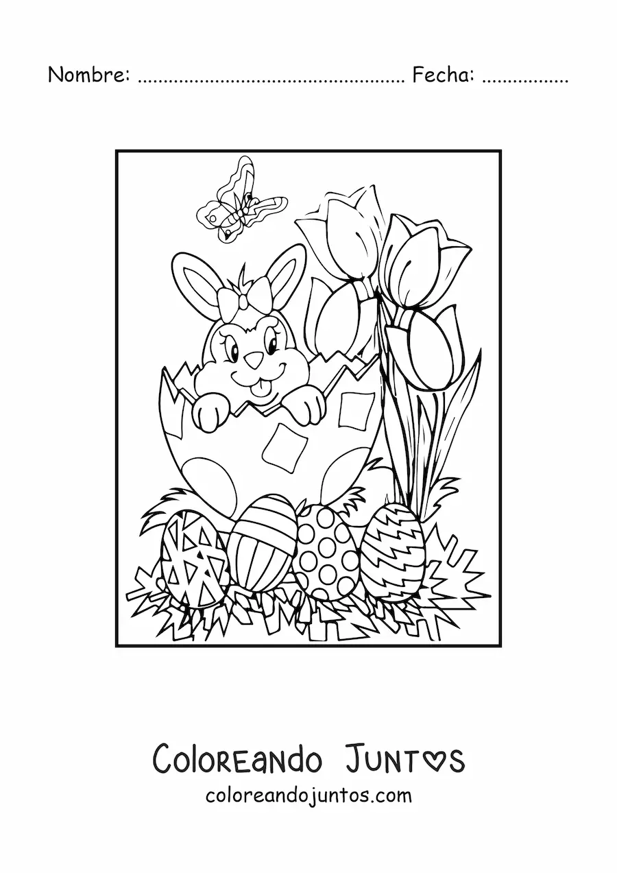 Imagen para colorear de una coneja animada en un huevo de pascua con flores