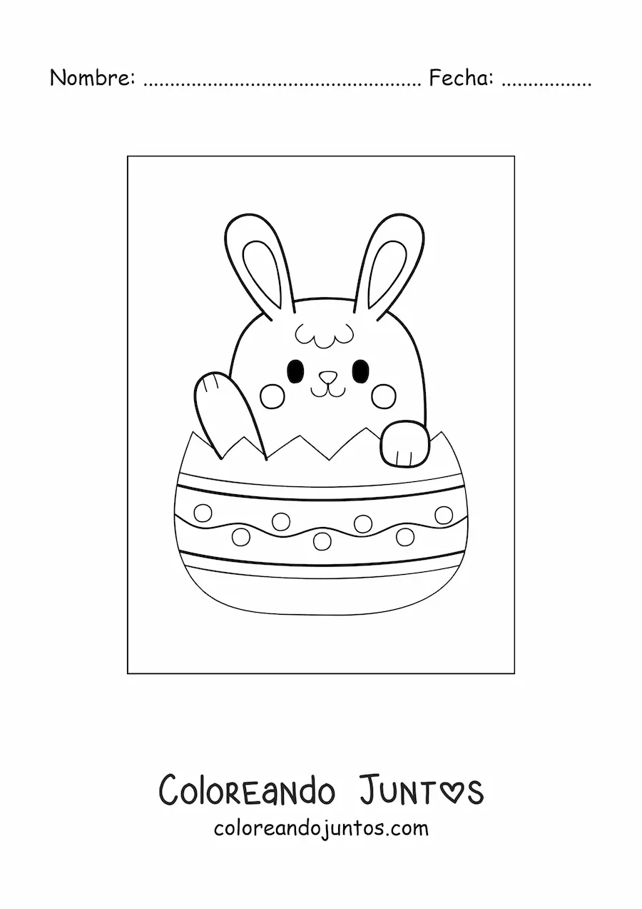 Imagen para colorear de un conejito de pascua kawaii en un huevo