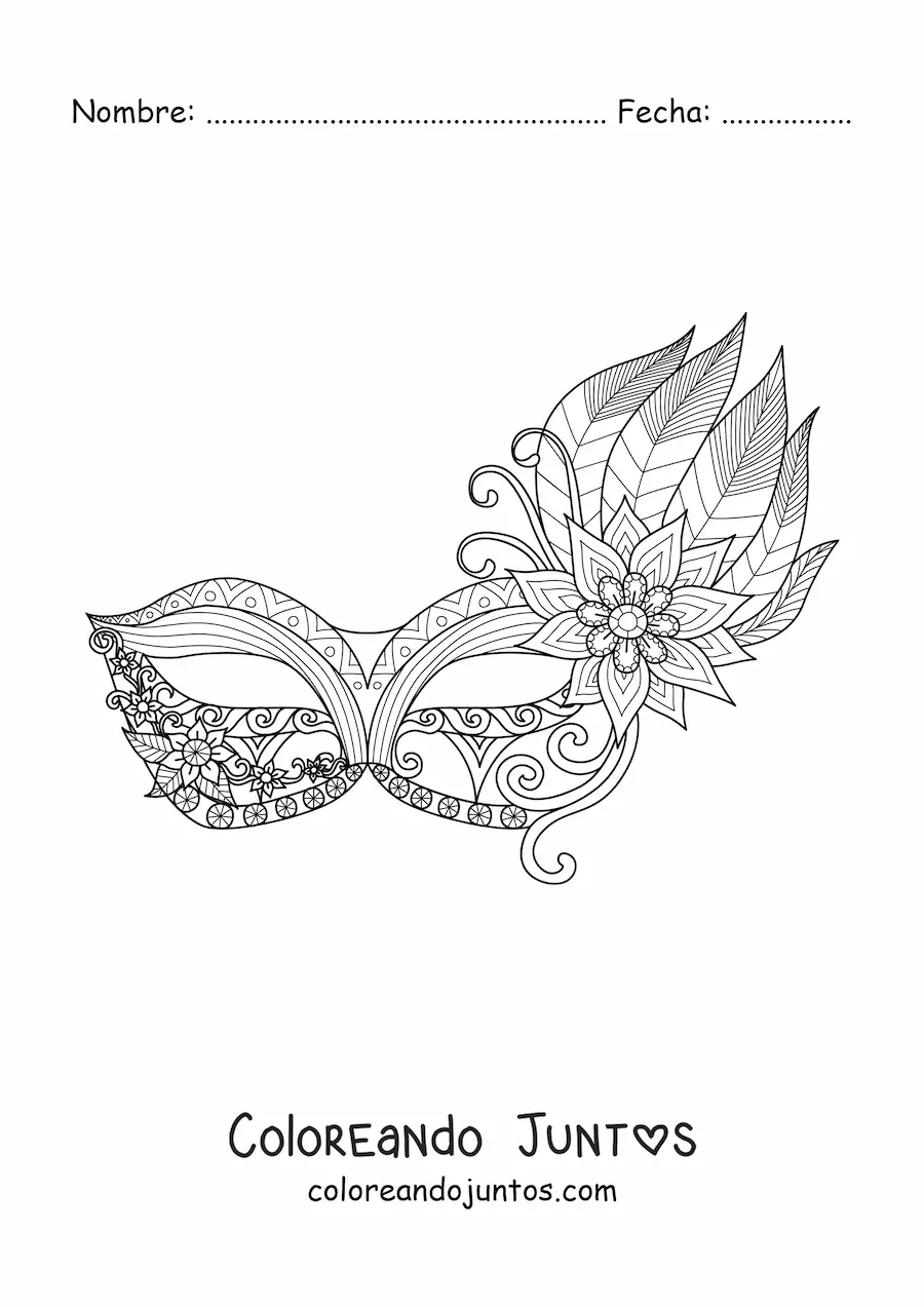 Imagen para colorear de un antifaz de carnaval con plumas