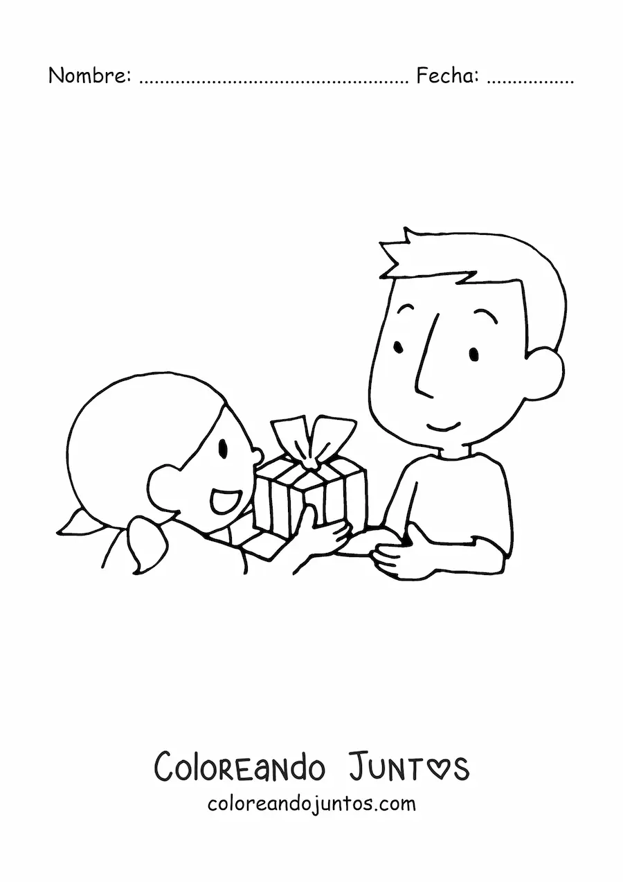 Imagen para colorear de una niña obsequiando un regalo a su padre en su día