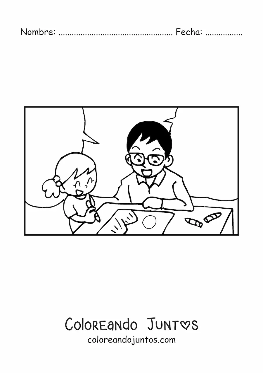 Imagen para colorear de un papá coloreando con su hija