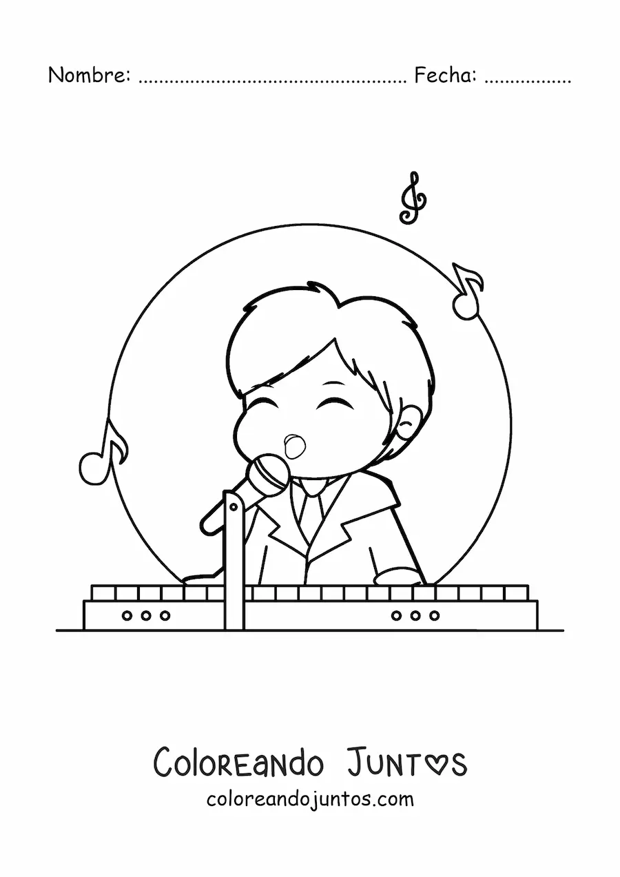 Imagen para colorear de un niño kawaii tocando el piano