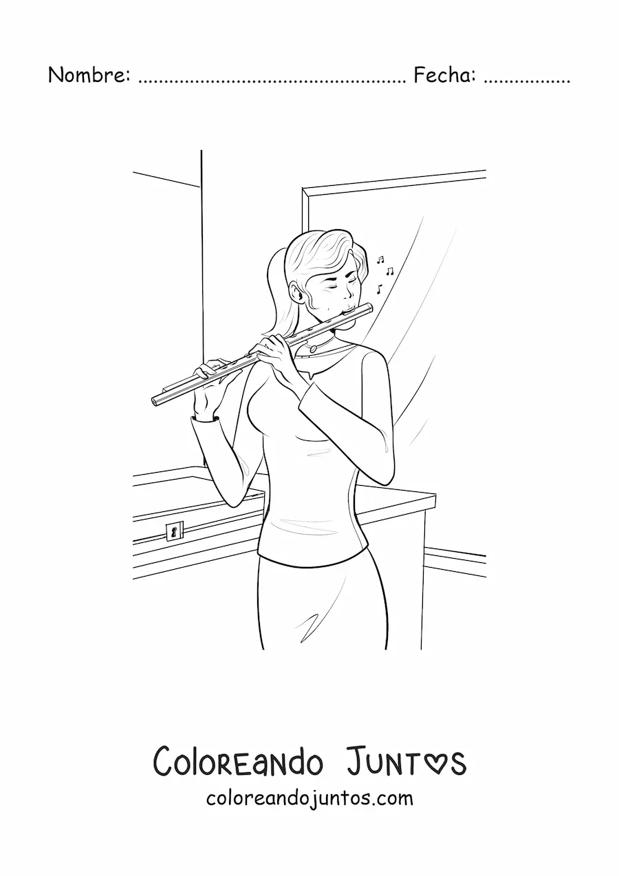 Imagen para colorear de una chica tocando una flauta traversa